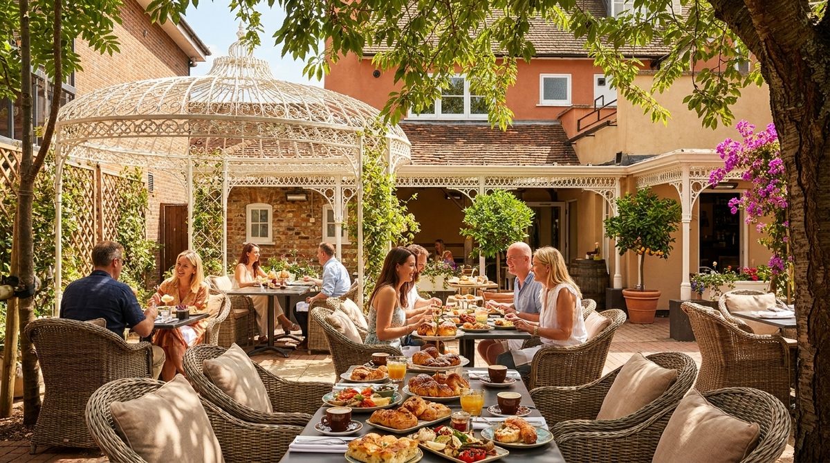 Nonnas outdoor terrace in summer sunshine, Sevenoaks